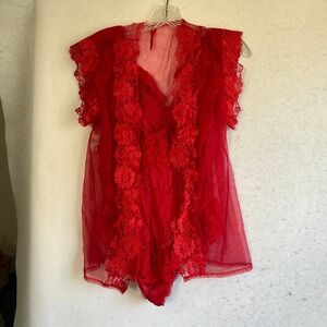 Vintage Alana Gale Red Lace Teddy Bodysuit and Sheer Mesh Robe Set Small 37014